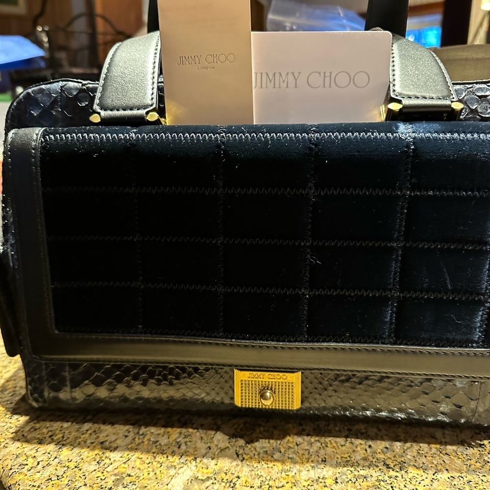 JIMMY CHOO Exotic BLUE PYTHON TOP HANDLE BAG 💼 BLUE VELVET FLAP IN FRONT !